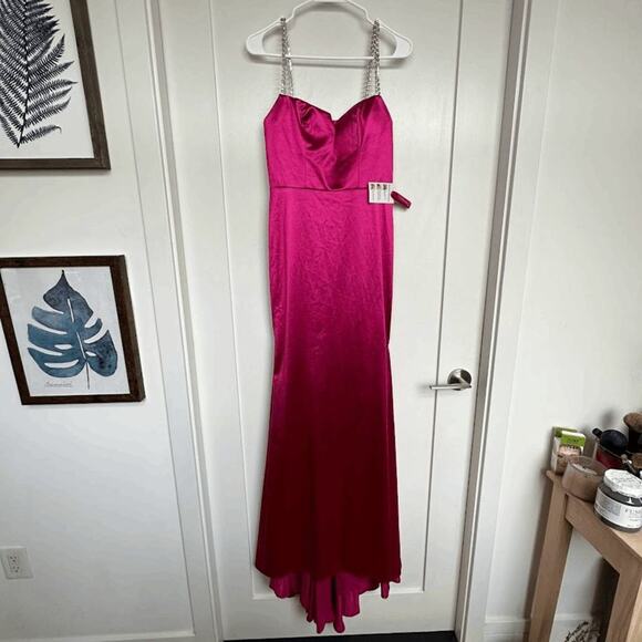 NWT Ieena for Mac Duggal Womens Hot Pink Rhinestone Beaded Strap Satin Dress 2 - Picture 3 of 12